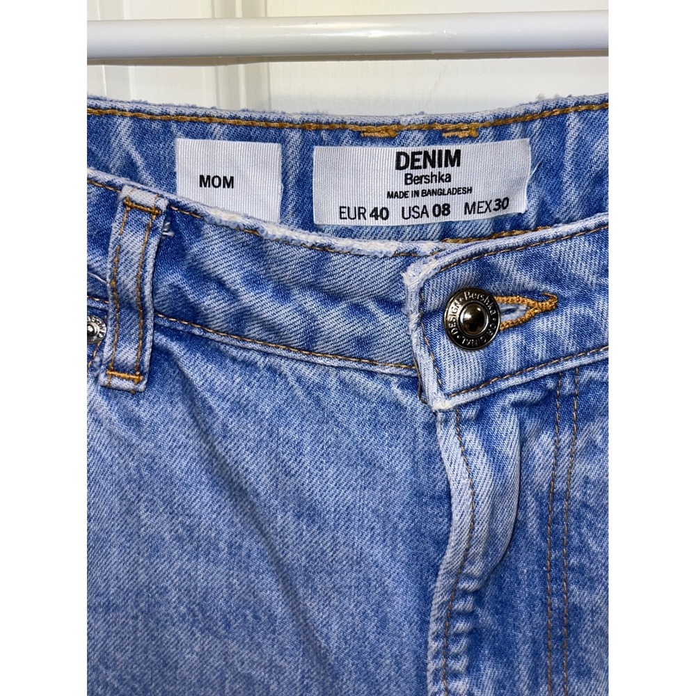 Bershka Denim Mom Jeans Light Wash Distressed Ripped Blue Size 8 - Picture 2 of 5